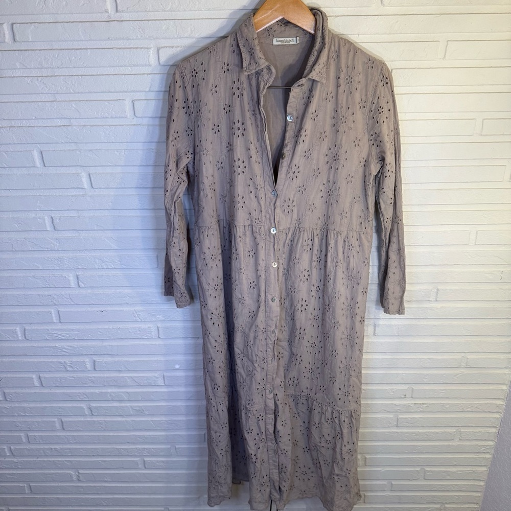 Laura Bianchi Taupe Cotton Midi Floral Eyelet Dress, Women’s Size Medium